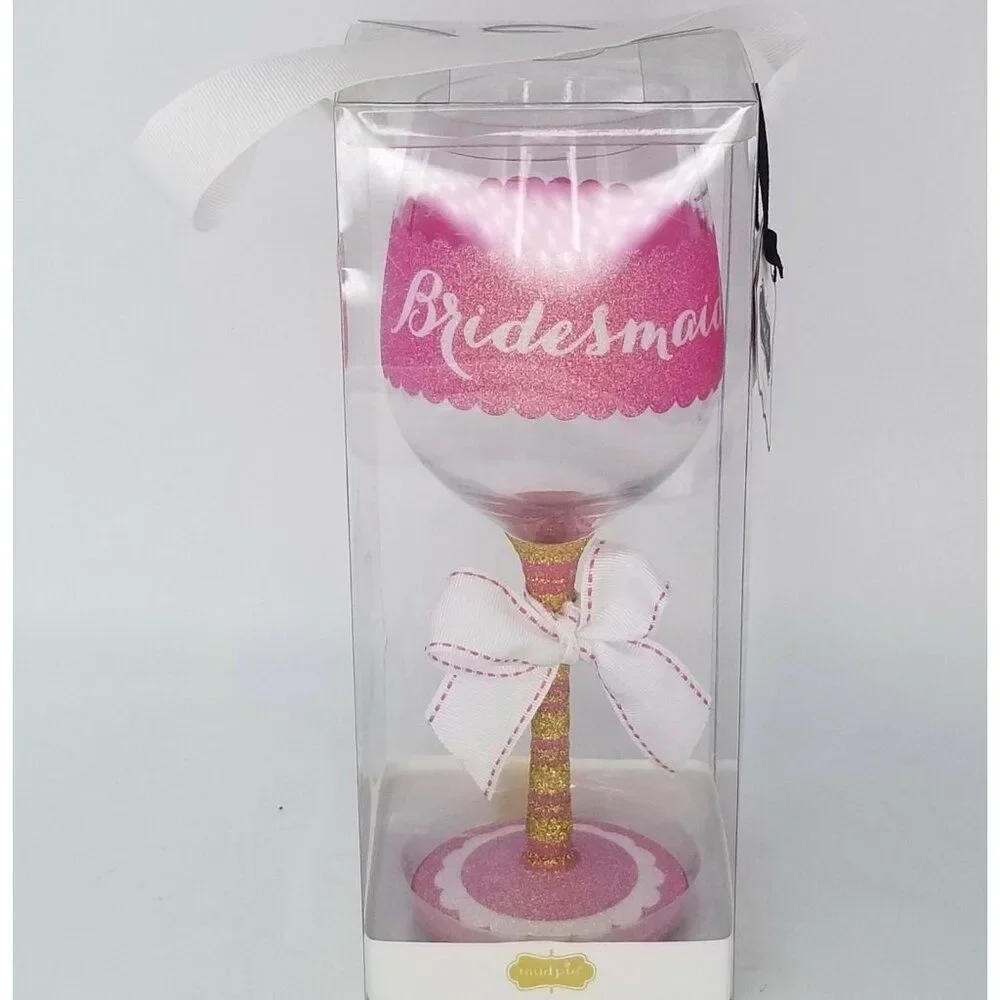 Lolita Handpainted Mudpie Wine Glass Bridesmaid Pink White 15 oz. New